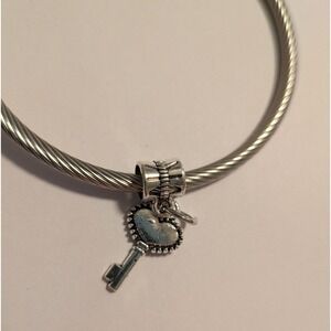 Silver Heart Key Dangle Charm for Bracelet Beaded Texture Romantic Jewelry
